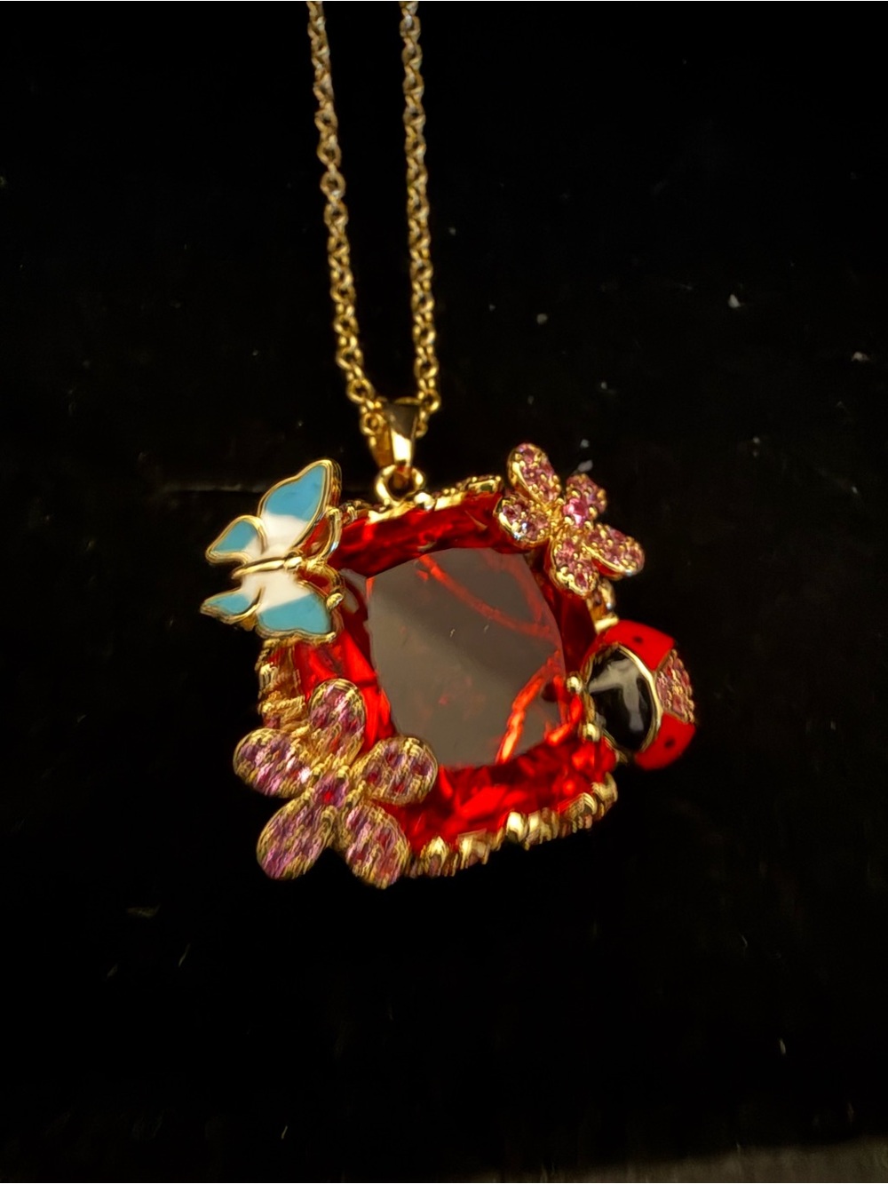 Gold-Tone Red Lab Created Ruby Floral & Butterfly Pendant Necklace